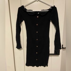 Off-The-Shoulder Black Dress with Decorative Buttons